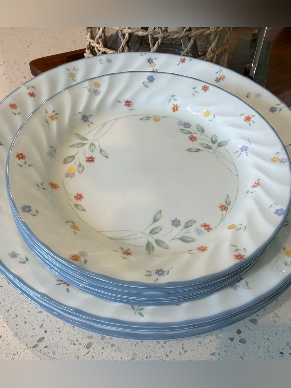 Set of 14 Vintage Corelle English Meadow Dinner Plates & Salad Dessert Blue Rim